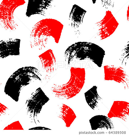 Vector seamless pattern with brush stripes and strokes. Black red color on white background. Hand painted grange texture. Ink geometric elements. Fashion modern style. Endless fabric print. 64389308