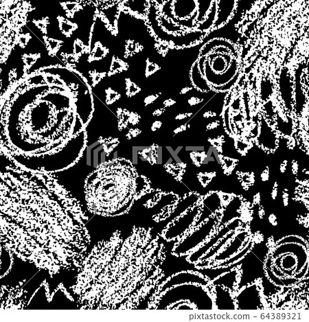 Vector seamless pattern with brush strokes and dots. White color on black background. Hand painted grange texture. Ink geometric elements. Fashion modern style. Unusual. Look like chalk and blackboard 64389321