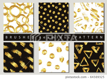 Set of Vector colorful seamless pattern with brush strokes and dots. Gold gradient color on black and white background. Hand painted grange texture. Ink geometric elements. Fashion modern style. Set of Vector colorful seamless pattern with brush strokes and dots. Gold gradient color on black and white background. Hand painted grange texture. Ink geometric elements. Fashion modern style. 64389325