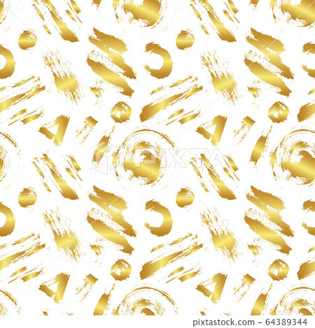 Vector colorful seamless pattern with brush strokes and dots. Gold gradient color on white background. Hand painted grange texture. Ink geometric elements. Fashion modern style. Unusual 64389344