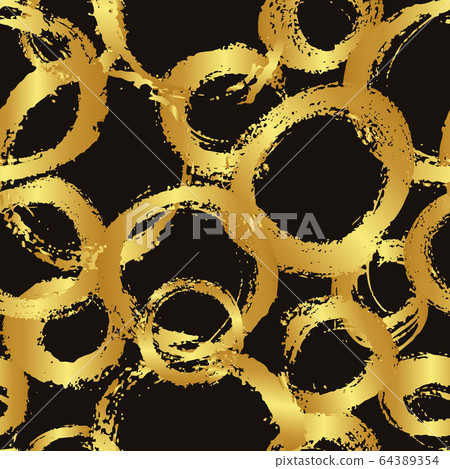 Vector seamless pattern with brush circles and strokes. Gold gradient color on dark background. Hand painted grange texture. Ink geometric elements. Fashion modern style. Endless fabric print. 64389354