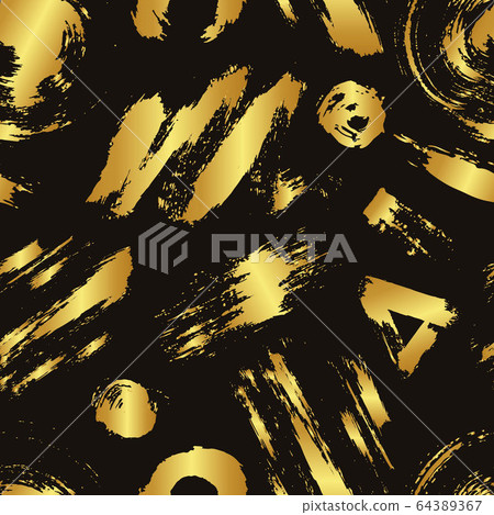 Vector colorful seamless pattern with brush strokes and dots. Gold gradient color on black background. Hand painted grange texture. Ink geometric elements. Fashion modern style. Unusual Vector colorful seamless pattern with brush strokes and dots. Gold gradient color on black background. Hand painted grange texture. Ink geometric elements. Fashion modern style. Unusual 64389367