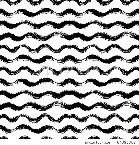 Vector seamless pattern with brush stripes and waves. Black color on white background. Hand painted grange texture. Ink geometric elements. Fashion modern style. Endless fabric print. Retro Vector seamless pattern with brush stripes and waves. Black color on white background. Hand painted grange texture. Ink geometric elements. Fashion modern style. Endless fabric print. Retro 64389398