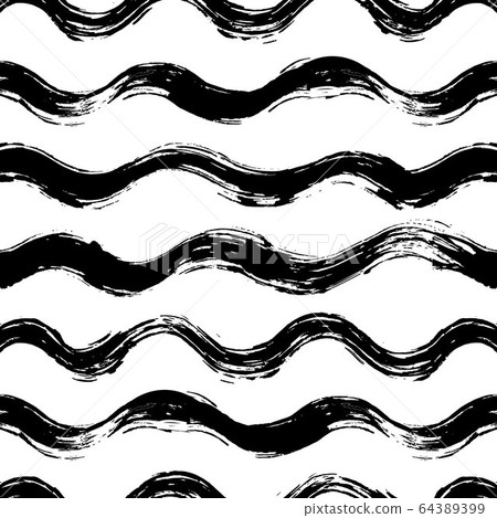 Vector seamless pattern with brush stripes and waves. Black color on white background. Hand painted grange texture. Ink geometric elements. Fashion modern style. Endless fabric print. Retro 64389399