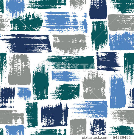 Vector seamless pattern with brush stripes and strokes. Blue color on white background. Hand painted grange texture. Ink geometric elements. Fashion modern style. Endless fabric unusual print. 64389495
