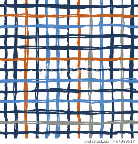 Vector seamless pattern brush stripes plaid. Blue orange color on white background. Hand painted grange texture. Ink geometric elements. Fashion modern style. Endless fantasy plaid fabric print. 64389517