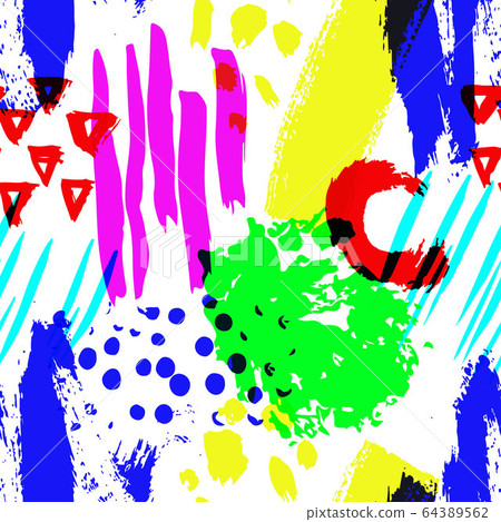 Vector seamless pattern with brush stripes and strokes. Violet pink gradient color on white background. Hand painted grange texture. Ink geometric elements. Fashion modern style. Endless fabric print. 64389562