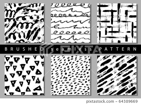 Vector Set of seamless pattern with brush stripes and strokes. Black color on white background. Hand painted grange texture. Ink geometric elements. Fashion modern style. Endless fabric print. Vector Set of seamless pattern with brush stripes and strokes. Black color on white background. Hand painted grange texture. Ink geometric elements. Fashion modern style. Endless fabric print. 64389669