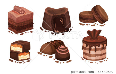 Chocolate Desserts with Layered Cake and Macarons Vector Set 64389689
