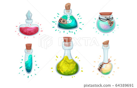 Glass Bottles and Jars with Potion Corked with Bottle Cap and Lid Vector Set 64389691
