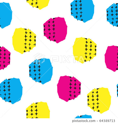 Vector colorful seamless pattern with brush blots and cross. Pink blue yellow black color on white background. Hand painted grange texture. Ink geometric elements. Fashion modern style. bright 64389713