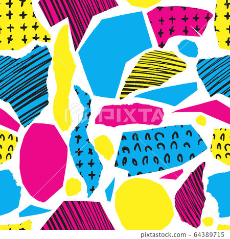 Vector colorful seamless pattern with brush strokes and cross. Pink blue yellow black color on white background. Hand painted grange texture. Ink geometric elements. Fashion modern style. bright 64389715