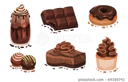 Chocolate Desserts with Doughnut and Bar of Chocolate Vector Set 64389741