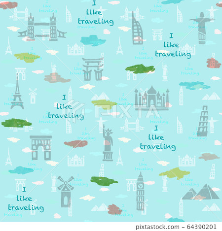 Seamless pattern with tourist attractions, 64390201