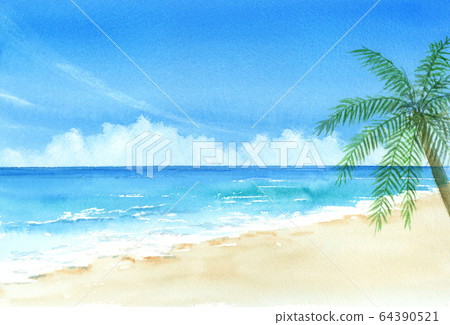 Blue sky, sea and palm trees watercolor 64390521
