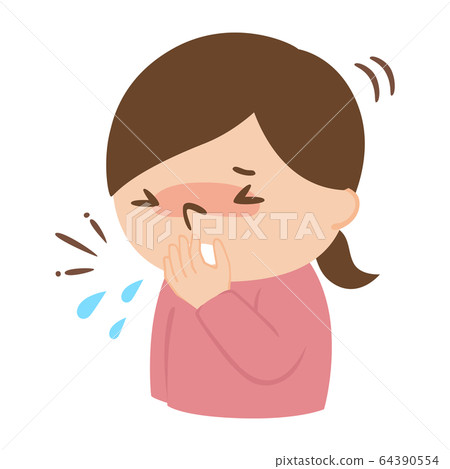 Illustration of a young woman covering her mouth with hands and sneezing. 64390554