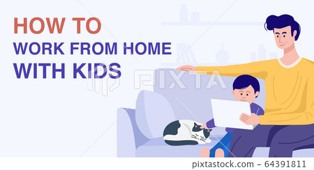 Illustration of father and son sitting on sofa and using laptop at home. Vector Illustration of father and son sitting on sofa and using laptop at home. Vector 64391811