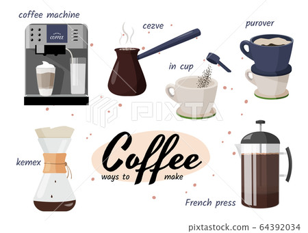 Coffee shop collection . Few ways to make coffee. Different mays of coffee preparing. Coffee machine, coffee cup, french press, kemex, purover, cezve or ibrik. Coffee shop collection . Few ways to make coffee. Different mays of coffee preparing. Coffee machine, coffee cup, french press, kemex, purover, cezve or ibrik. 64392034