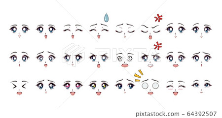 Set of cartoon anime style expressions. Blue eyes, Set of cartoon anime style expressions. Blue eyes, 64392507