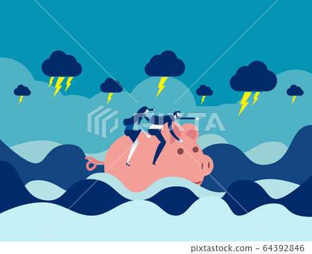 Riding piggy bank on the ocean. Bad economy 64392846