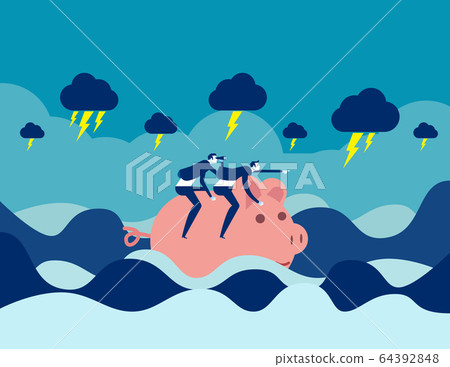 Riding piggy bank on the ocean. Bad economy 64392848