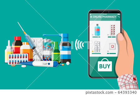 Hand holding phone with internet pharmacy app 64393340