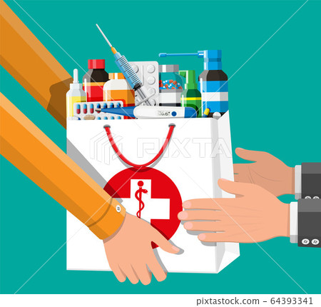 Set of bottles, tablets, pills, pharmacy delivery 64393341
