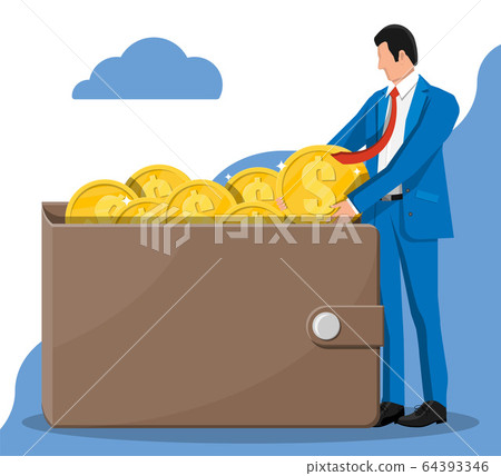 Businessman putting big dollar coin in wallet. Businessman putting big dollar coin in wallet. 64393346