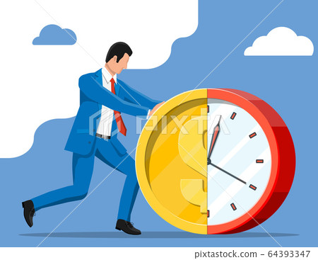 Businessman pushing dollar coin clock. Businessman pushing dollar coin clock. 64393347