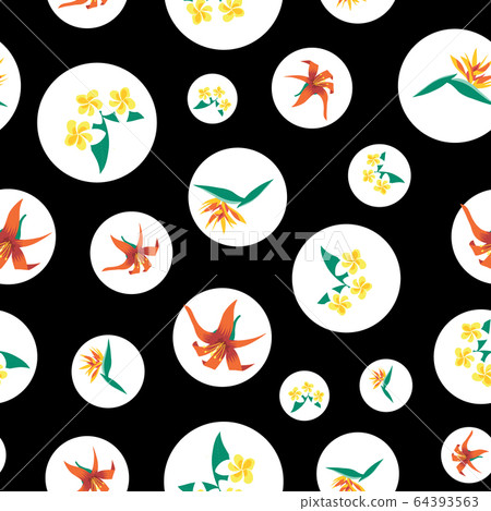 Exotic flowers in white polka dots on black seamless vector background. Illustration of tropical Exotic flowers in white polka dots on black seamless vector background. Illustration of tropical 64393563