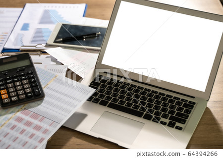 Laptop with blank screen on table. Workspace Laptop with blank screen on table. Workspace 64394266