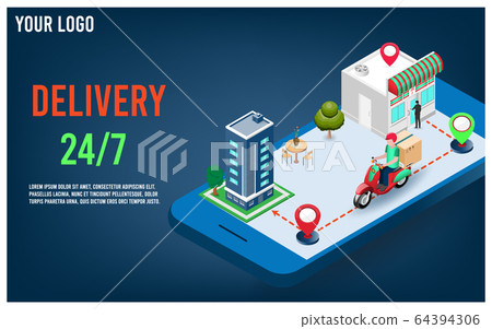 Online delivery service concept with delivery man ride scooter delivering parcel box. vector illustration. Online delivery service concept with delivery man ride scooter delivering parcel box. vector illustration. 64394306