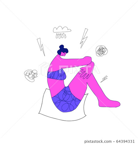 Mental disoder. Young people sitting on the floor. 64394331