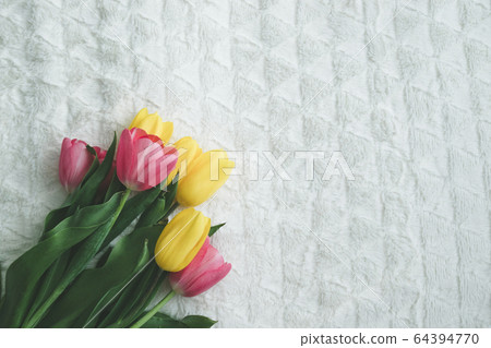 Bouquet of tulips on the edge of the bed, top view Bouquet of tulips on the edge of the bed, top view 64394770