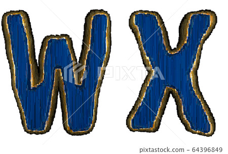 Set of alphabet letters W and X made of industrial metal blue color. Isolated white background. 3d 64396849