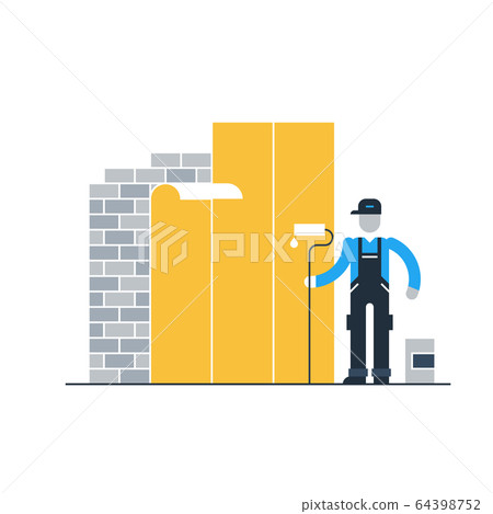 Construction worker finishing brick wall - Stock Illustration [64398752 ...