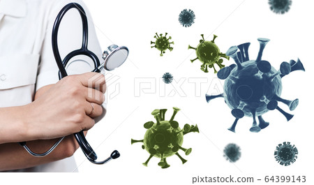 View on hands of doctor among viral cells coronavirus. View on hands of doctor among viral cells coronavirus. 64399143