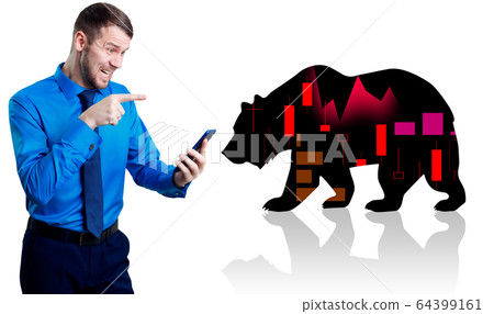 Irritated businessman holding smartphone near silhouette of bear. 64399161