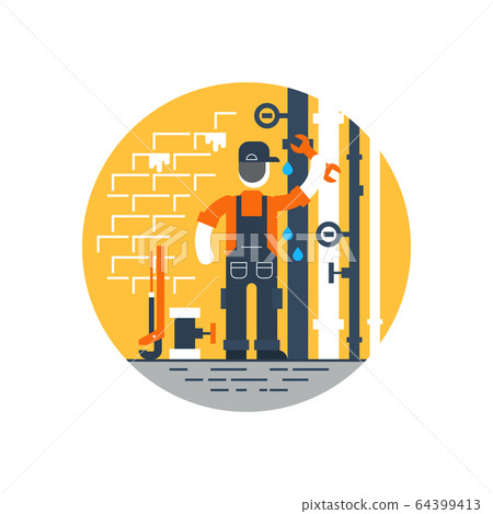 Worker with wrench repairing pipes, water dropping Worker with wrench repairing pipes, water dropping 64399413
