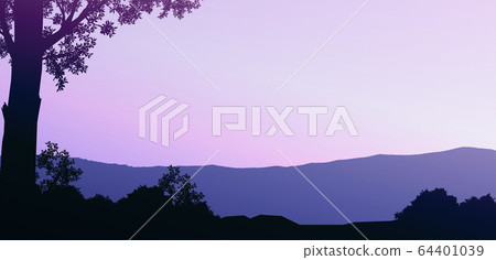 Natural forest mountains horizon hills silhouettes of trees. Sunrise and sunset. Landscape wallpaper. Illustration vector style. Colorful view background. 64401039