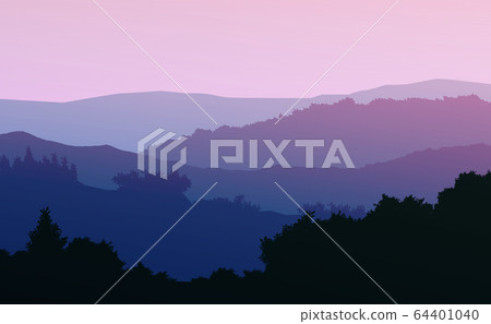 Natural forest mountains horizon hills silhouettes of trees. Sunrise and sunset. Landscape wallpaper. Illustration vector style. Colorful view background. Natural forest mountains horizon hills silhouettes of trees. Sunrise and sunset. Landscape wallpaper. Illustration vector style. Colorful view background. 64401040