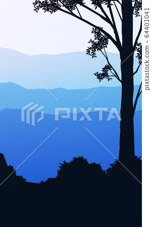 Natural forest mountains horizon hills silhouettes of trees. Sunrise and sunset. Landscape wallpaper. Illustration vector style. Colorful view background. Natural forest mountains horizon hills silhouettes of trees. Sunrise and sunset. Landscape wallpaper. Illustration vector style. Colorful view background. 64401041
