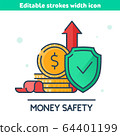 The stack of coins hides behind shield. Line icon 64401199