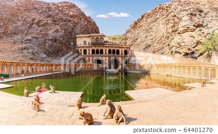 Monkey Temple and playing monkeys near the pool, 64401270