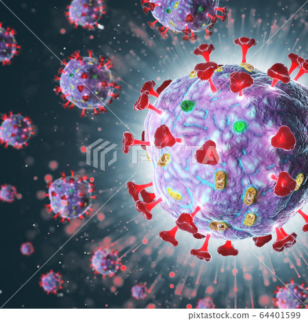 3d render of pathogenic virus organism or bacteria infecting and causing disease. Close up from microscope of coronavirus. 64401599