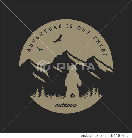 Journey into the wild. Badge, t-shirt design on a dark background. Vector illustration. Journey into the wild. Badge, t-shirt design on a dark background. Vector illustration. 64401602