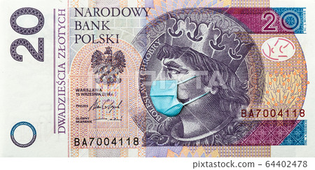 Coronavirus in Poland. Quarantine and global recession. 20 Polish zloty banknote with face mask against infection. Global economy hit by covid19.National Bank of Poland prints money to save budget Coronavirus in Poland. Quarantine and global recession. 20 Polish zloty banknote with face mask against infection. Global economy hit by covid19.National Bank of Poland prints money to save budget 64402478