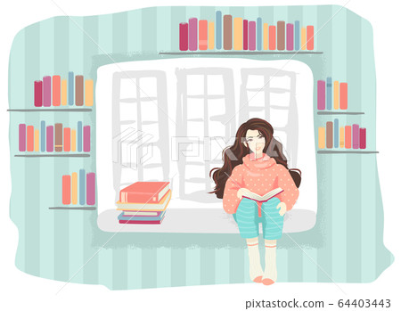 Girl Read Book Window Illustration 64403443