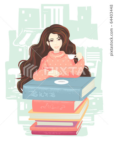 Girl Drinks Books Table Illustration Girl Drinks Books Table Illustration 64403448