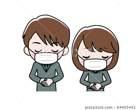 穿著口罩鞠躬的西裝的男人和女人 穿著口罩鞠躬的西裝的男人和女人 64405442